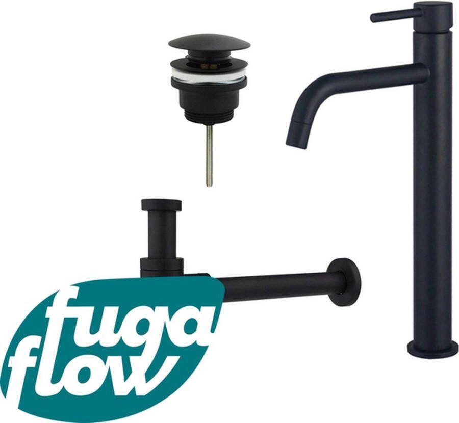 FugaFlow Eccelente Sobrado Badkamer Slim Wastafelkraanset verhoogde wastafelkraan klikwaste plug design sifon Mat zwart