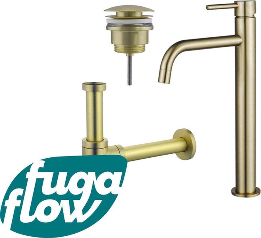 FugaFlow Eccelente Sobrado Badkamer Slim Wastafelkraanset verhoogde wastafelkraan klikwaste plug design sifon PVD Geborsteld Messing