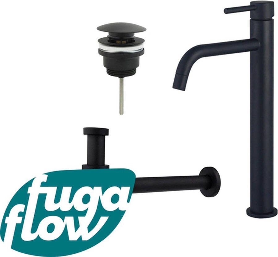 FugaFlow Eccelente Sobrado Badkamer Slim Wastafelkraanset verhoogde wastafelkraan klikwaste plug verlaagde design sifon Mat zwart