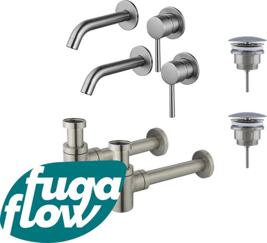FugaFlow Eccelente Sobrado Badkamer Slim Wastafelkraanset voor dubbele wastafel inbouw wastafelkraan always open plug verlaagde design sifon PVD Geborsteld RVS