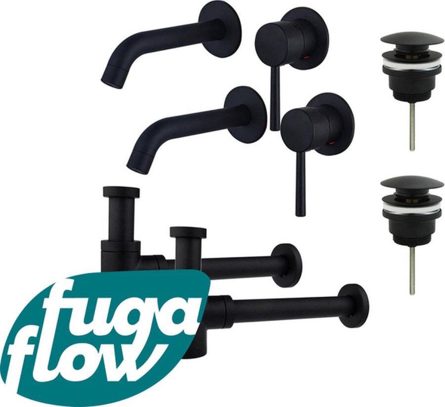 FugaFlow Eccelente Sobrado Badkamer Slim Wastafelkraanset voor dubbele wastafel inbouw wastafelkraan klikwaste plug verlaagde design sifon Mat zwart