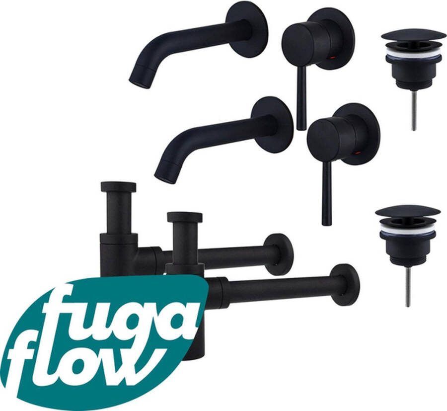 FugaFlow Eccelente Sobrado Badkamer Slim Wastafelkraanset voor dubbele wastafel inbouw wastafelkraan always open plug design sifon Mat zwart