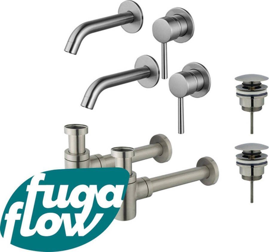 FugaFlow Eccelente Sobrado Badkamer Slim Wastafelkraanset voor dubbele wastafel inbouw wastafelkraan klikwaste plug verlaagde design sifon PVD Geborsteld RVS
