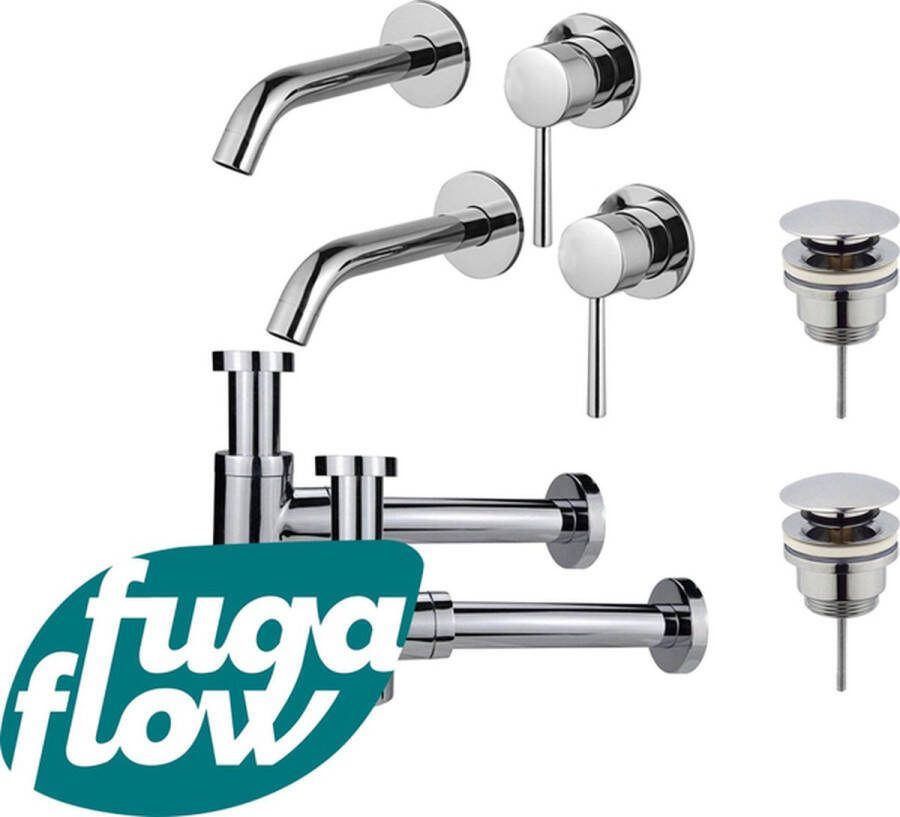 FugaFlow Eccelente Sobrado Badkamer Slim Wastafelkraanset voor dubbele wastafel inbouw wastafelkraan klikwaste plug verlaagde design sifon Chroom