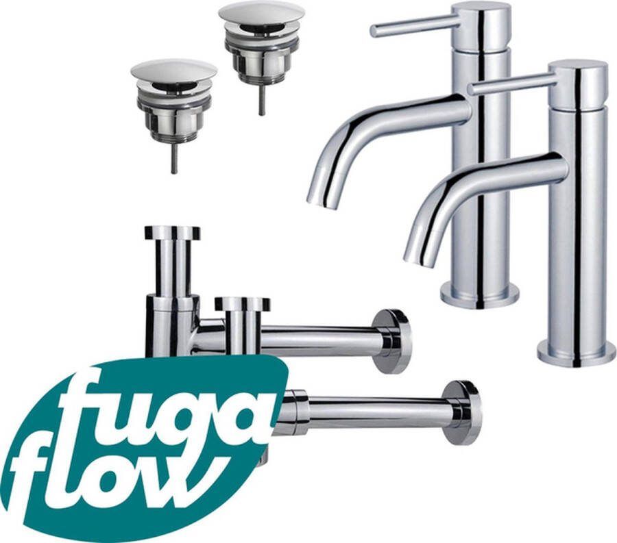 FugaFlow Eccelente Sobrado Badkamer Slim Wastafelkraanset voor dubbele wastafel lage wastafelkraan always open plug verlaagde design sifon Chroom