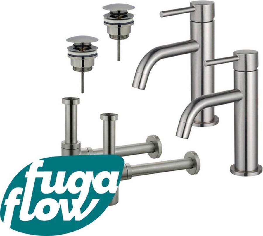 FugaFlow Eccelente Sobrado Badkamer Slim Wastafelkraanset voor dubbele wastafel lage wastafelkraan klikwaste plug design sifon PVD Geborsteld RVS