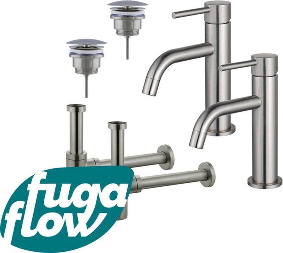 FugaFlow Eccelente Sobrado Badkamer Slim Wastafelkraanset voor dubbele wastafel lage wastafelkraan always open plug design sifon PVD Geborsteld RVS