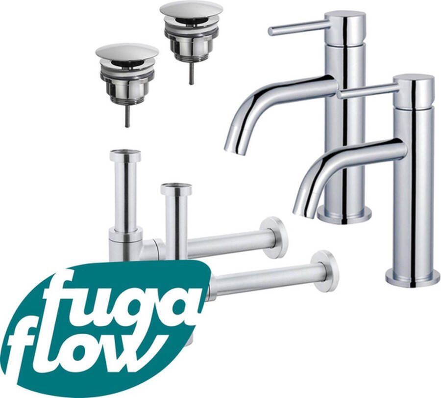 FugaFlow Eccelente Sobrado Badkamer Slim Wastafelkraanset voor dubbele wastafel lage wastafelkraan always open plug design sifon Chroom