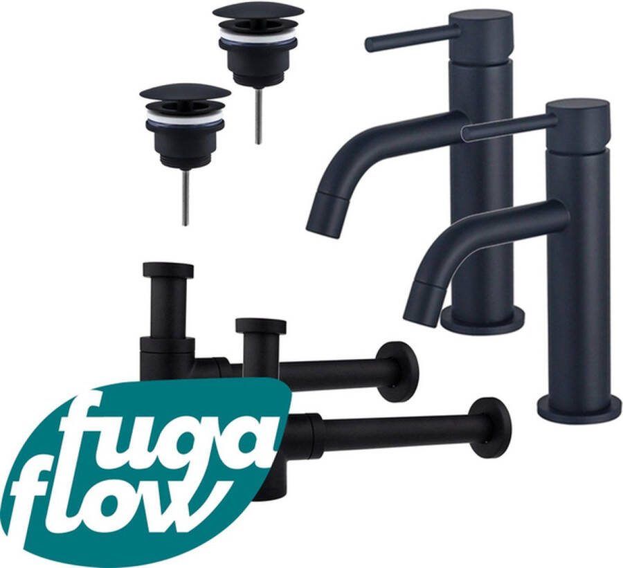 FugaFlow Eccelente Sobrado Badkamer Slim Wastafelkraanset voor dubbele wastafel lage wastafelkraan always open plug verlaagde design sifon Mat zwart