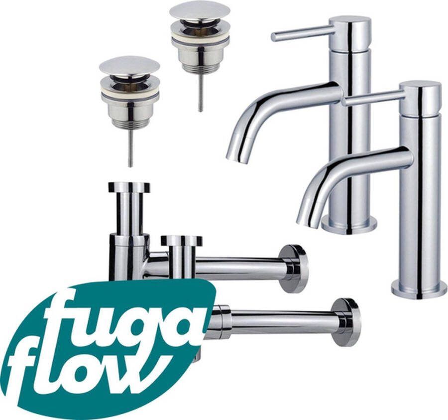 FugaFlow Eccelente Sobrado Badkamer Slim Wastafelkraanset voor dubbele wastafel lage wastafelkraan klikwaste plug verlaagde design sifon Chroom