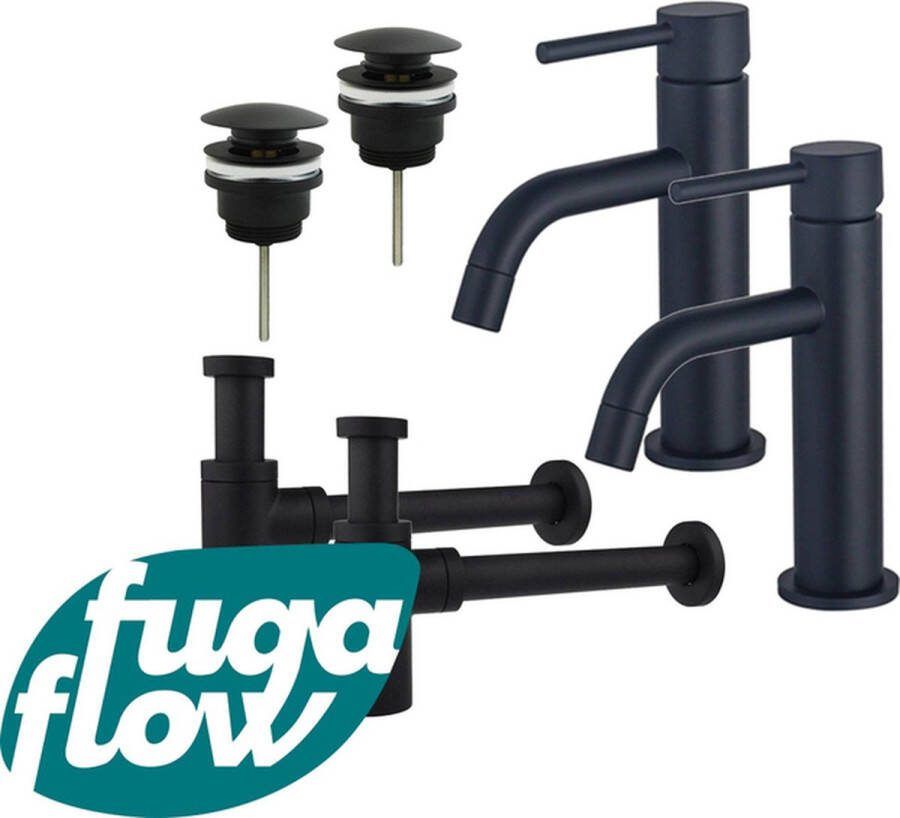 FugaFlow Eccelente Sobrado Badkamer Slim Wastafelkraanset voor dubbele wastafel lage wastafelkraan klikwaste plug design sifon Mat zwart