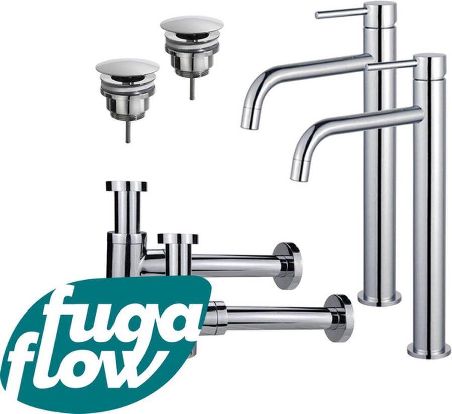 FugaFlow Eccelente Sobrado Badkamer Slim Wastafelkraanset voor dubbele wastafel verhoogde wastafelkraan always open plug verlaagde design sifon Chroom