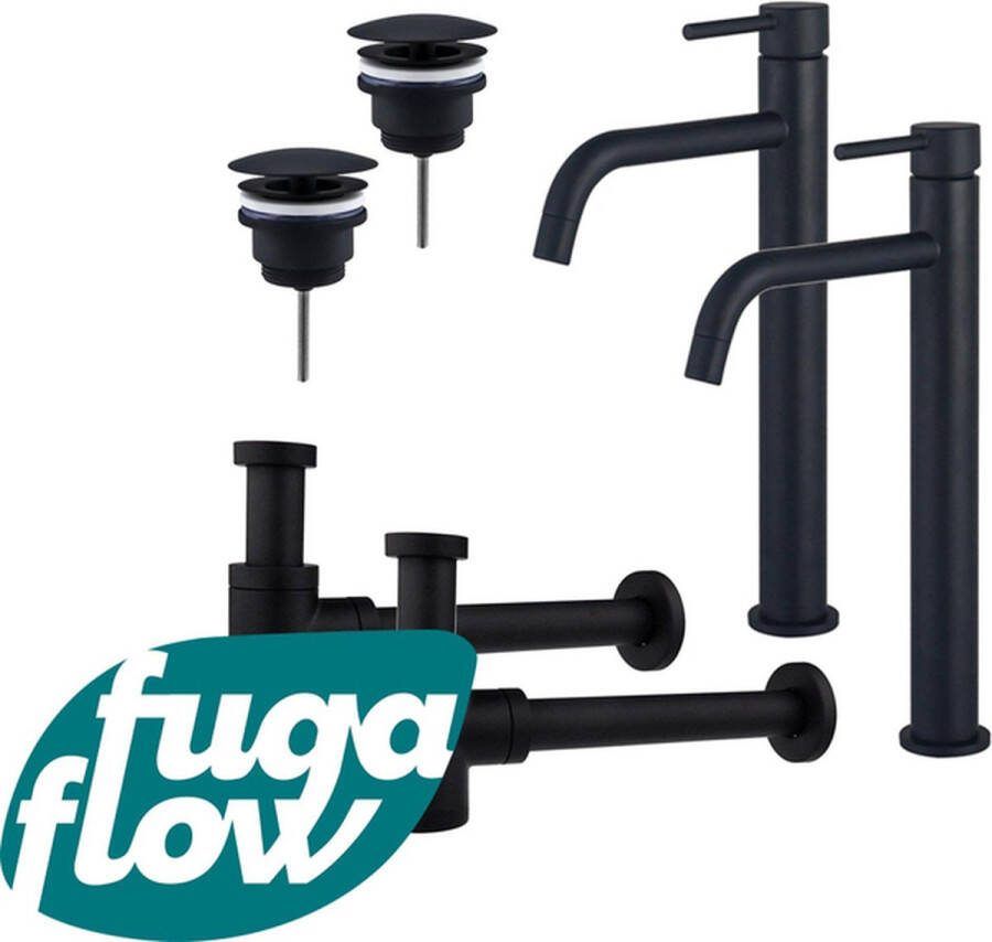 FugaFlow Eccelente Sobrado Badkamer Slim Wastafelkraanset voor dubbele wastafel verhoogde wastafelkraan always open plug verlaagde design sifon Mat zwart