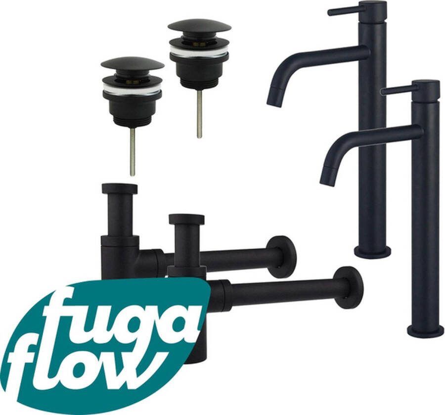 FugaFlow Eccelente Sobrado Badkamer Slim Wastafelkraanset voor dubbele wastafel verhoogde wastafelkraan klikwaste plug design sifon Mat zwart