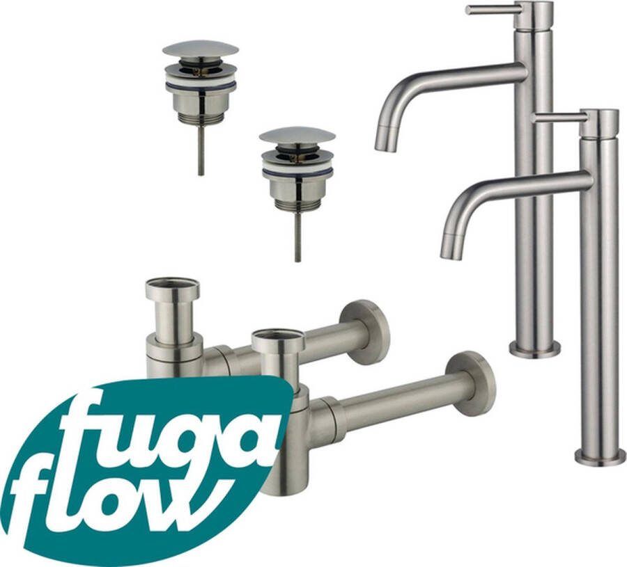 FugaFlow Eccelente Sobrado Badkamer Slim Wastafelkraanset voor dubbele wastafel verhoogde wastafelkraan klikwaste plug verlaagde design sifon PVD Geborsteld RVS