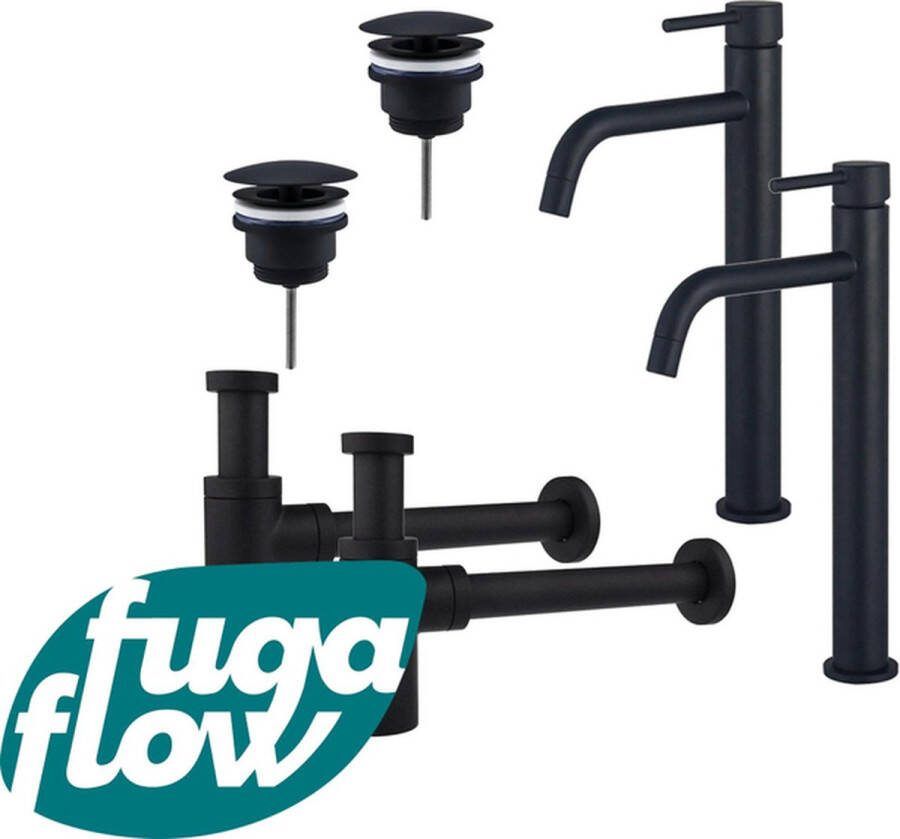 FugaFlow Eccelente Sobrado Badkamer Slim Wastafelkraanset voor dubbele wastafel verhoogde wastafelkraan always open plug design sifon Mat zwart