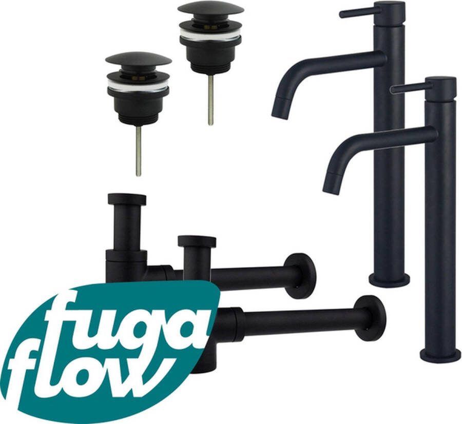 FugaFlow Eccelente Sobrado Badkamer Slim Wastafelkraanset voor dubbele wastafel verhoogde wastafelkraan klikwaste plug verlaagde design sifon Mat zwart