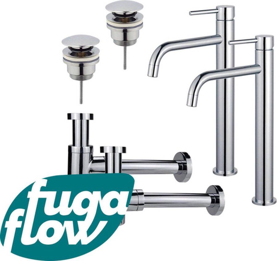 FugaFlow Eccelente Sobrado Badkamer Slim Wastafelkraanset voor dubbele wastafel verhoogde wastafelkraan klikwaste plug verlaagde design sifon Chroom