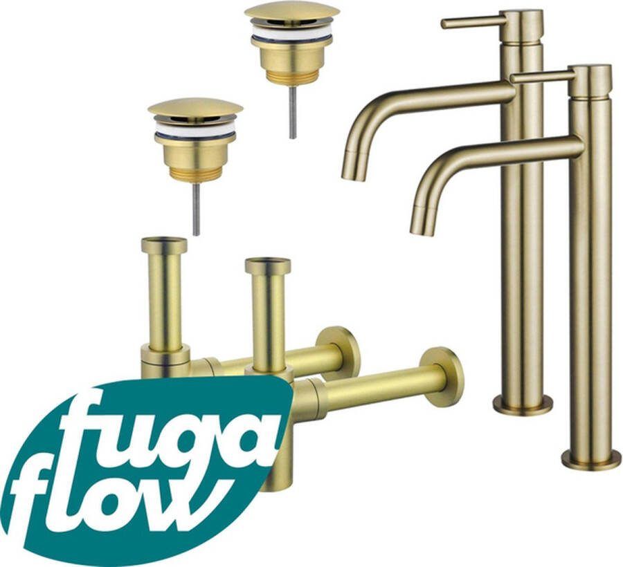 FugaFlow Eccelente Sobrado Badkamer Slim Wastafelkraanset voor dubbele wastafel verhoogde wastafelkraan always open plug design sifon PVD Geborsteld Messing