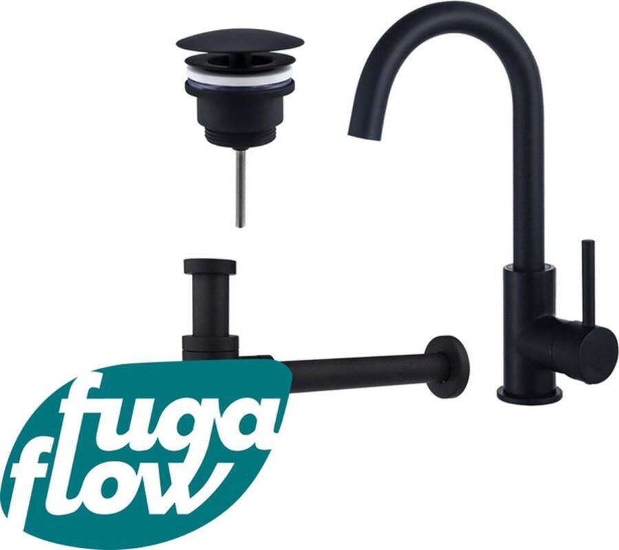 FugaFlow Eccelente Sobrado Badkamer Wastafelkraanset hoge wastafelkraan draaibare uitloop always open plug design sifon Mat zwart