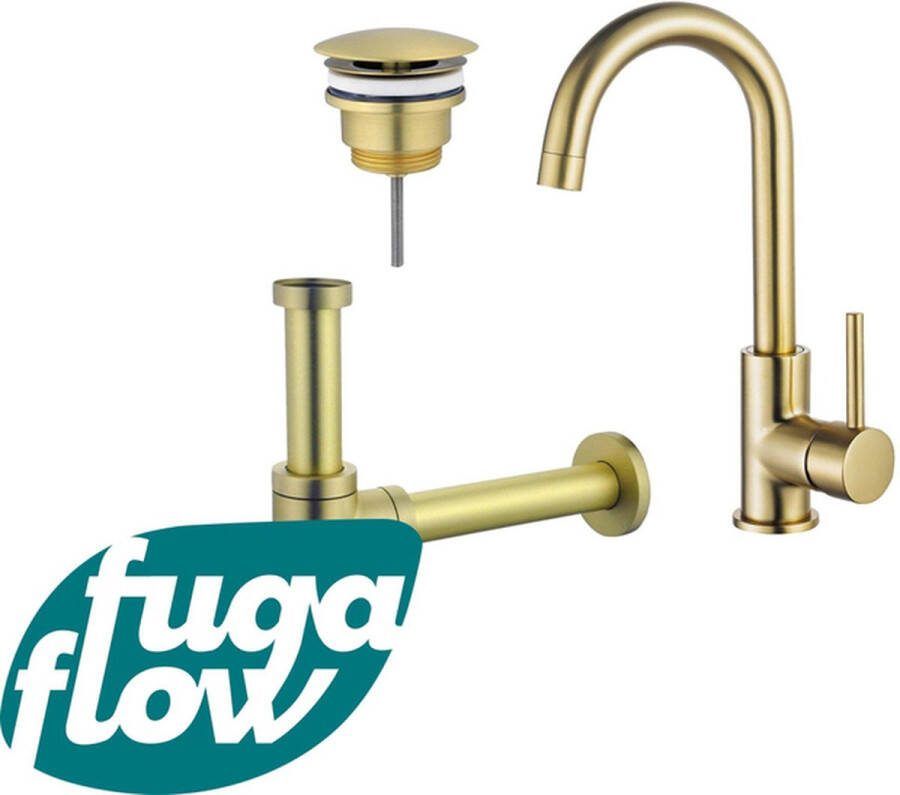 FugaFlow Eccelente Sobrado Badkamer Wastafelkraanset hoge wastafelkraan draaibare uitloop always open plug design sifon PVD Geborsteld Messing