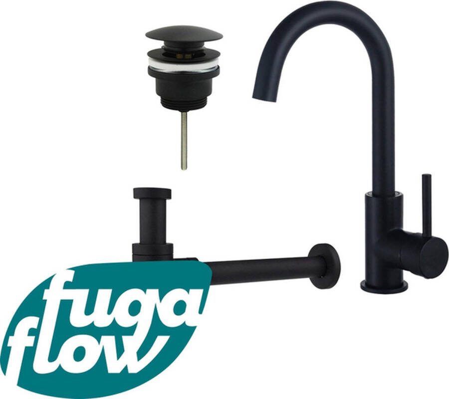 FugaFlow Eccelente Sobrado Badkamer Wastafelkraanset hoge wastafelkraan draaibare uitloop klikwaste plug design sifon Mat zwart