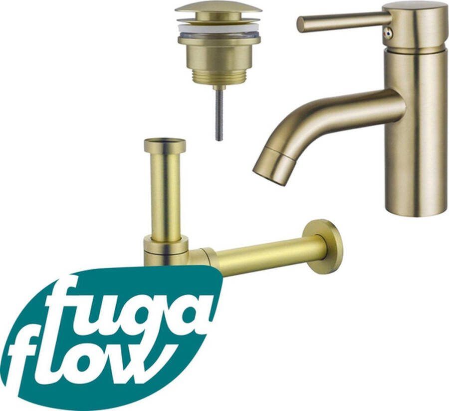 FugaFlow Eccelente Sobrado Badkamer Wastafelkraanset lage wastafelkraan klikwaste plug design sifon PVD Geborsteld Messing