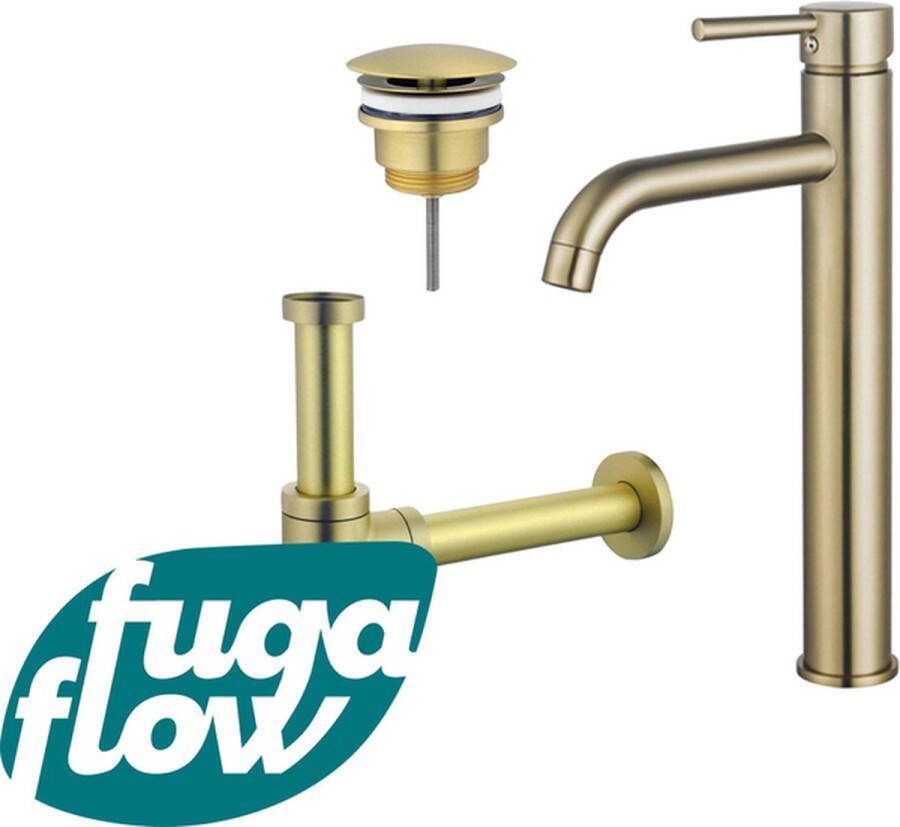 FugaFlow Eccelente Sobrado Badkamer Wastafelkraanset verhoogde wastafelkraan always open plug design sifon PVD Geborsteld Messing