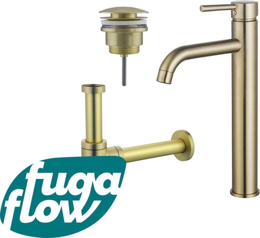 FugaFlow Eccelente Sobrado Badkamer Wastafelkraanset verhoogde wastafelkraan klikwaste plug design sifon PVD Geborsteld Messing