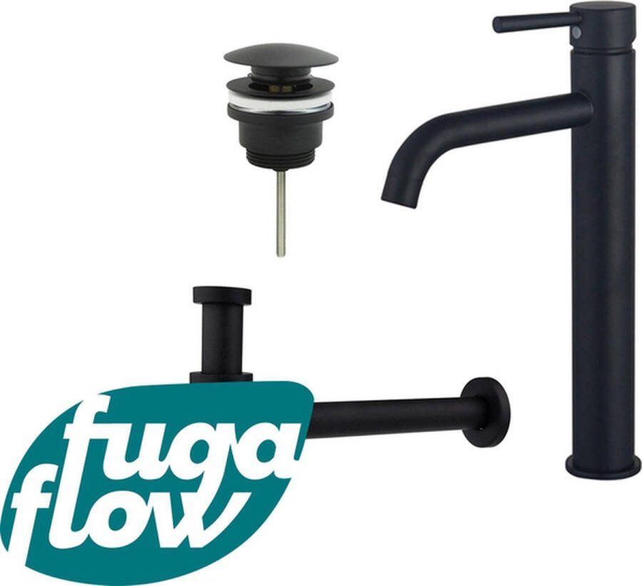 FugaFlow Eccelente Sobrado Badkamer Wastafelkraanset verhoogde wastafelkraan klikwaste plug verlaagde design sifon Mat zwart