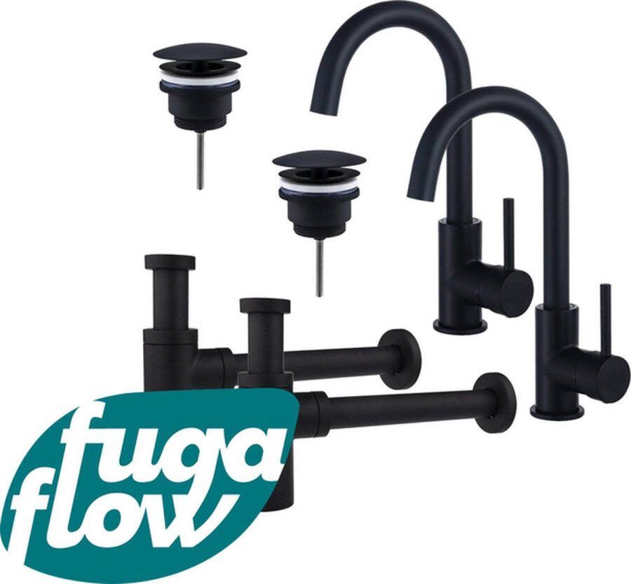 FugaFlow Eccelente Sobrado Badkamer Wastafelkraanset voor dubbele wastafel hoge wastafelkraan draaibare uitloop always open plug design sifon Mat zwart