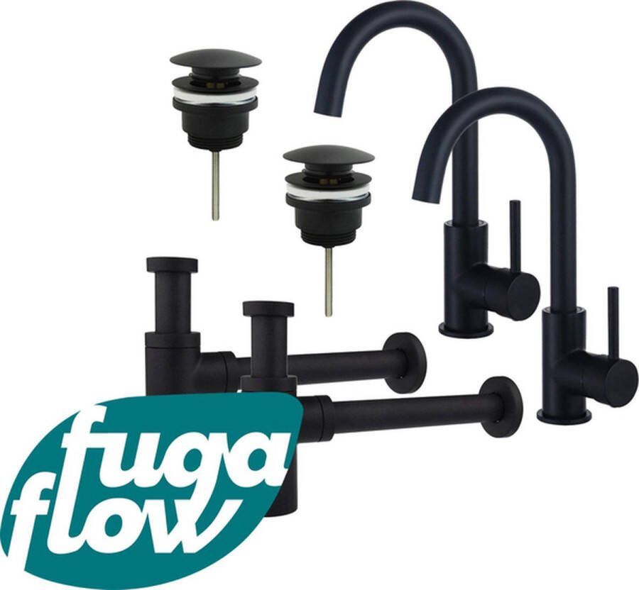 FugaFlow Eccelente Sobrado Badkamer Wastafelkraanset voor dubbele wastafel hoge wastafelkraan draaibare uitloop klikwaste plug design sifon Mat zwart