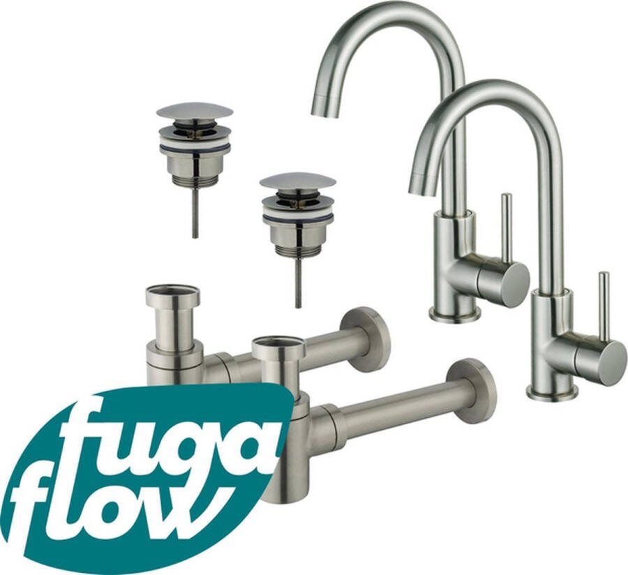 FugaFlow Eccelente Sobrado Badkamer Wastafelkraanset voor dubbele wastafel hoge wastafelkraan draaibare uitloop klikwaste plug verlaagde design sifon PVD Geborsteld RVS