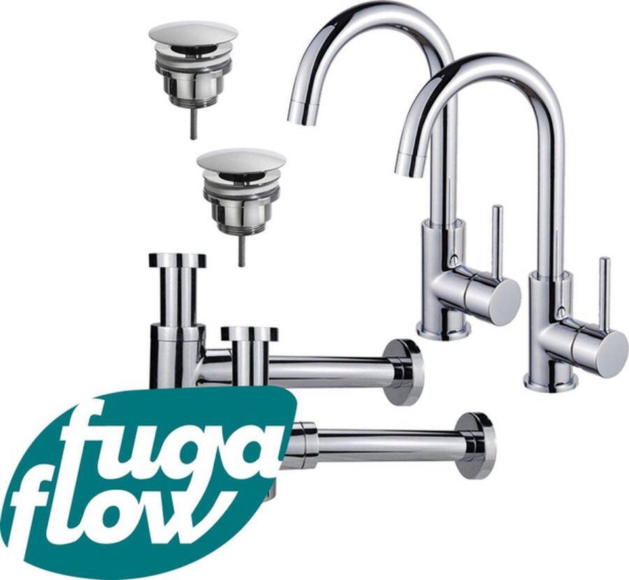 FugaFlow Eccelente Sobrado Badkamer Wastafelkraanset voor dubbele wastafel hoge wastafelkraan draaibare uitloop always open plug verlaagde design sifon Chroom