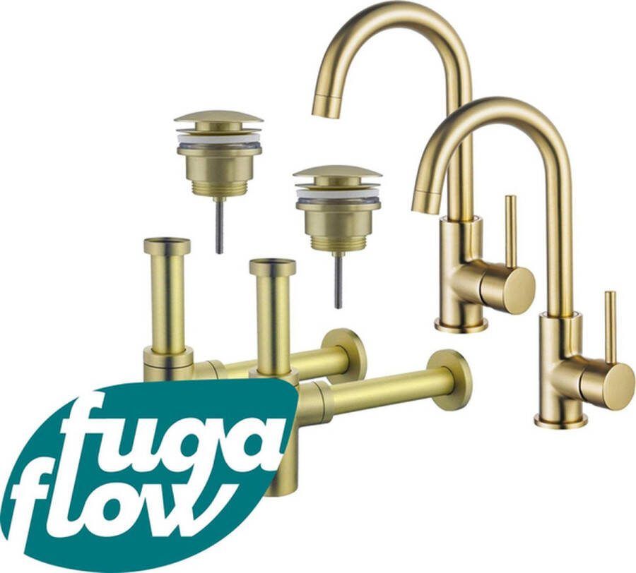 FugaFlow Eccelente Sobrado Badkamer Wastafelkraanset voor dubbele wastafel hoge wastafelkraan draaibare uitloop klikwaste plug design sifon PVD Geborsteld Messing