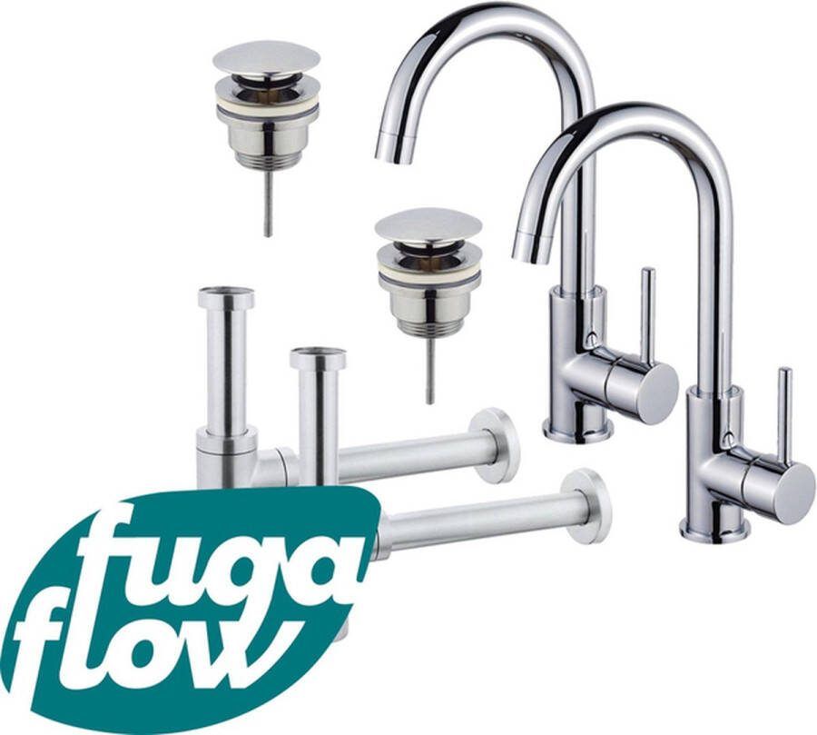 FugaFlow Eccelente Sobrado Badkamer Wastafelkraanset voor dubbele wastafel hoge wastafelkraan draaibare uitloop klikwaste plug design sifon Chroom