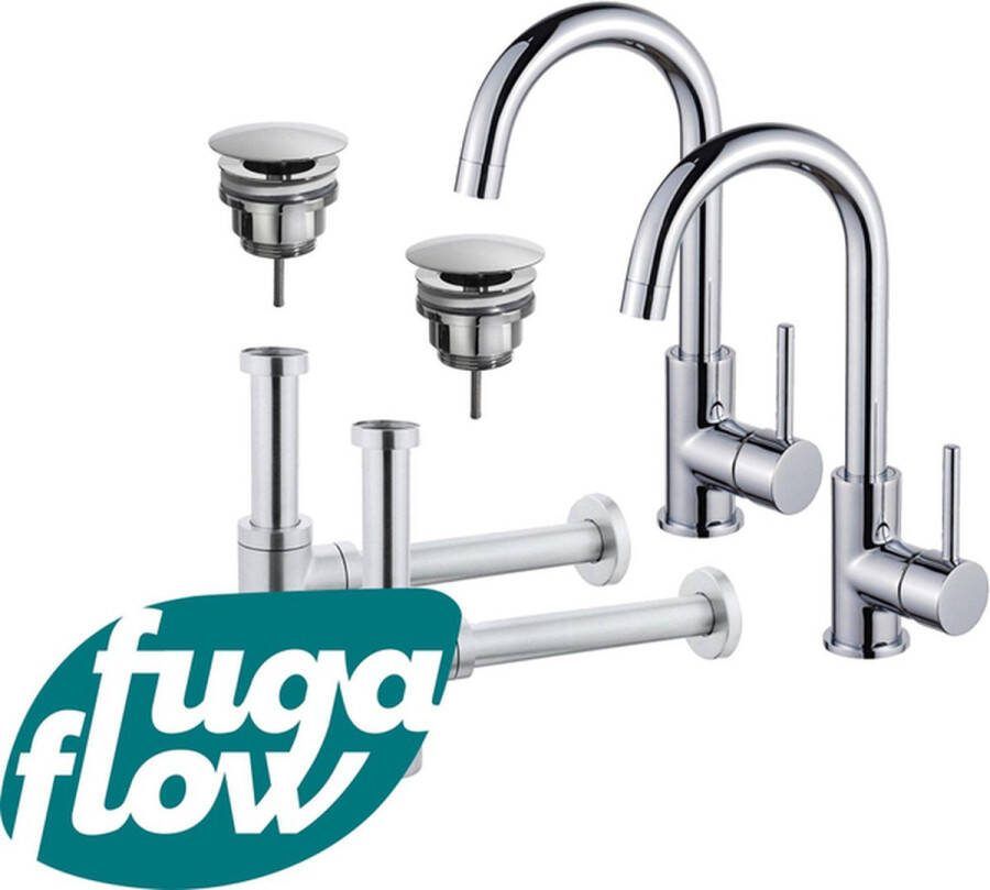 FugaFlow Eccelente Sobrado Badkamer Wastafelkraanset voor dubbele wastafel hoge wastafelkraan draaibare uitloop always open plug design sifon Chroom