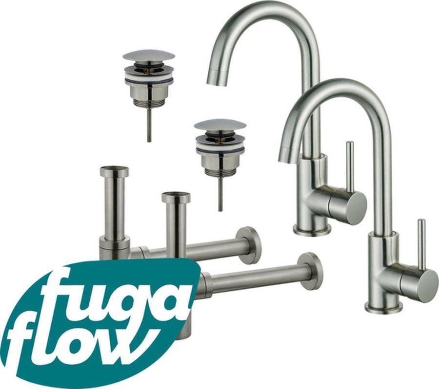 FugaFlow Eccelente Sobrado Badkamer Wastafelkraanset voor dubbele wastafel hoge wastafelkraan draaibare uitloop klikwaste plug design sifon PVD Geborsteld RVS