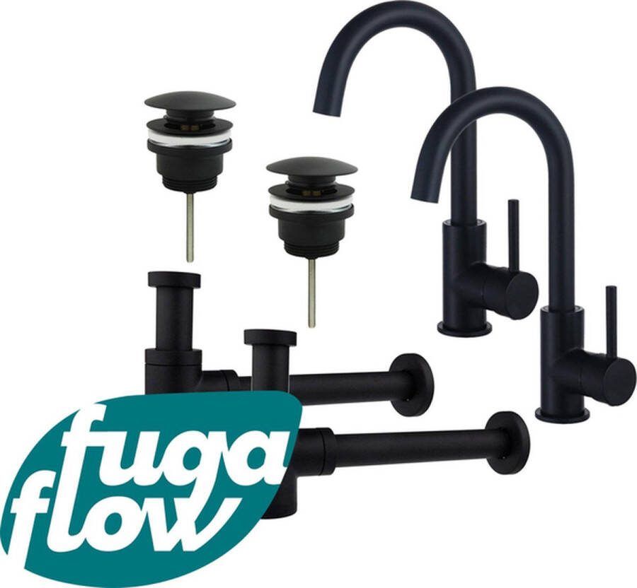 FugaFlow Eccelente Sobrado Badkamer Wastafelkraanset voor dubbele wastafel hoge wastafelkraan draaibare uitloop klikwaste plug verlaagde design sifon Mat zwart