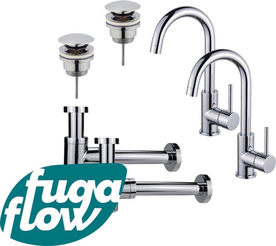 FugaFlow Eccelente Sobrado Badkamer Wastafelkraanset voor dubbele wastafel hoge wastafelkraan draaibare uitloop klikwaste plug verlaagde design sifon Chroom