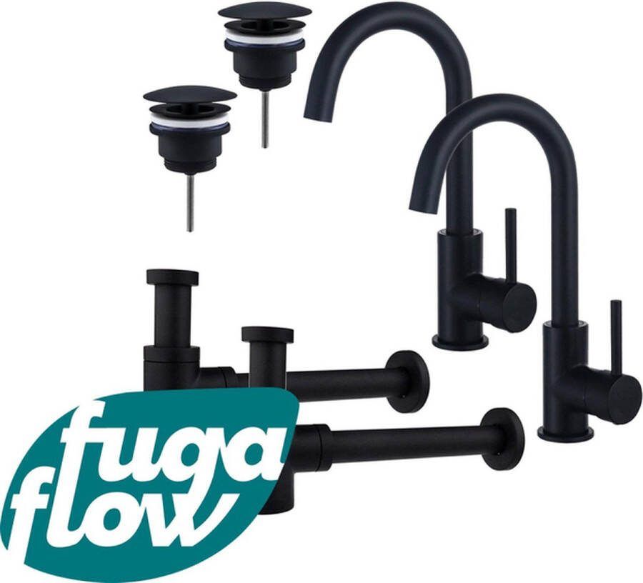 FugaFlow Eccelente Sobrado Badkamer Wastafelkraanset voor dubbele wastafel hoge wastafelkraan draaibare uitloop always open plug verlaagde design sifon Mat zwart