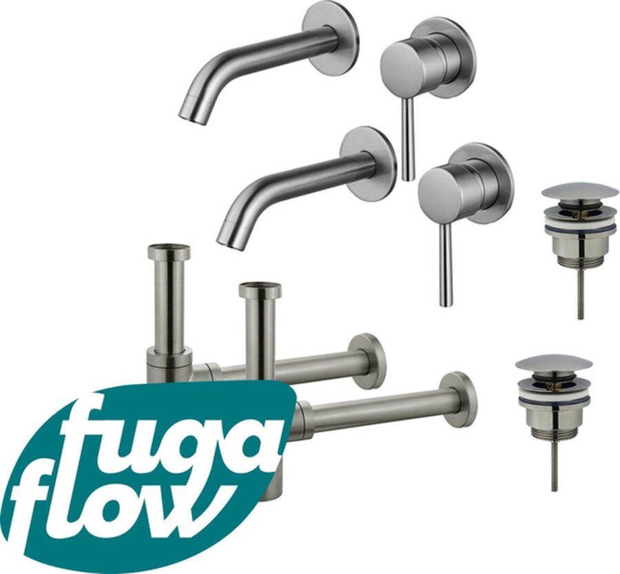 FugaFlow Eccelente Sobrado Badkamer Wastafelkraanset voor dubbele wastafel inbouw wastafelkraan klikwaste plug design sifon PVD Geborsteld RVS
