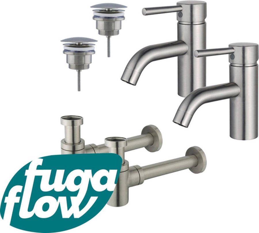 FugaFlow Eccelente Sobrado Badkamer Wastafelkraanset voor dubbele wastafel lage wastafelkraan always open plug verlaagde design sifon PVD Geborsteld RVS