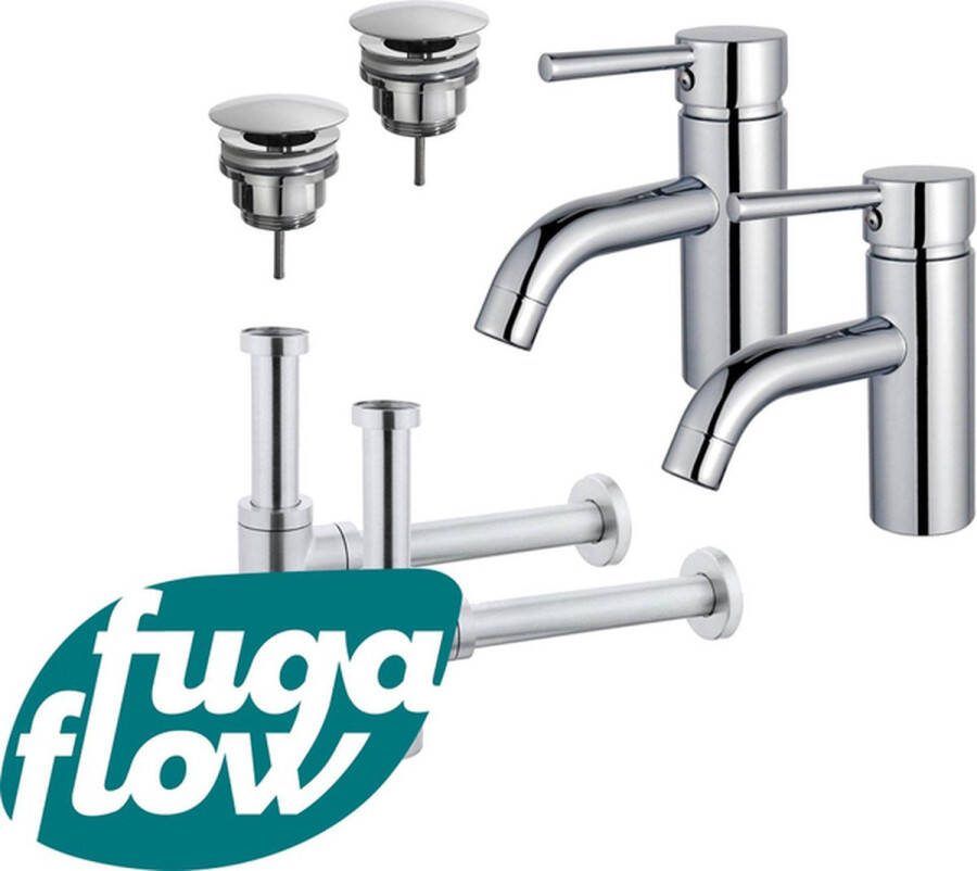 FugaFlow Eccelente Sobrado Badkamer Wastafelkraanset voor dubbele wastafel lage wastafelkraan always open plug design sifon Chroom