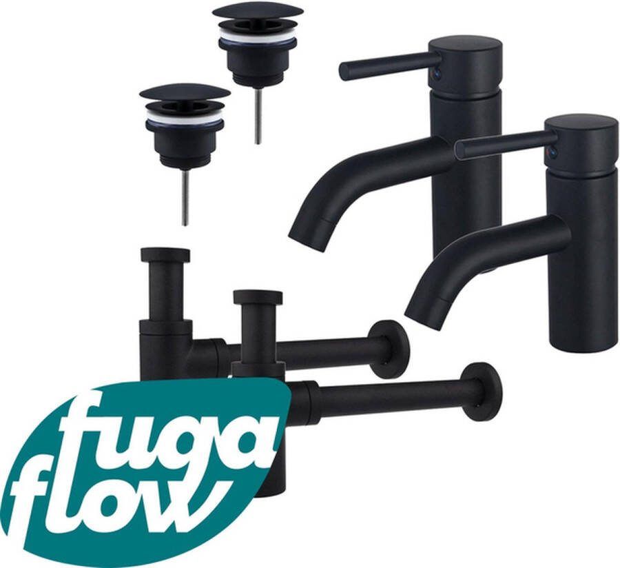 FugaFlow Eccelente Sobrado Badkamer Wastafelkraanset voor dubbele wastafel lage wastafelkraan always open plug design sifon Mat zwart