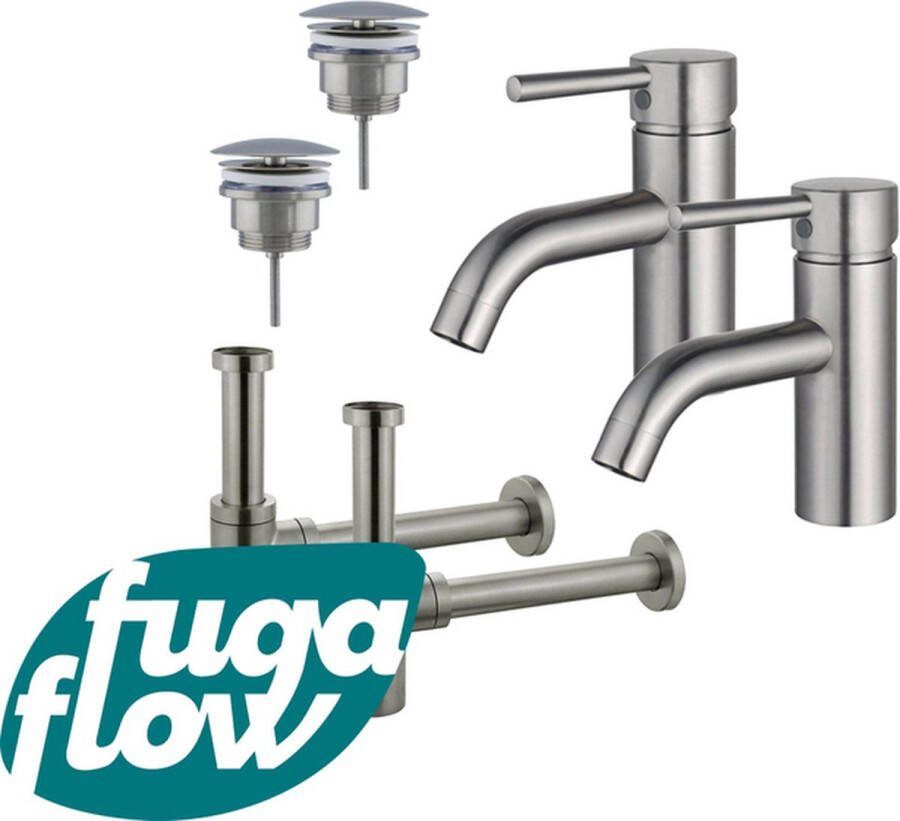 FugaFlow Eccelente Sobrado Badkamer Wastafelkraanset voor dubbele wastafel lage wastafelkraan always open plug design sifon PVD Geborsteld RVS