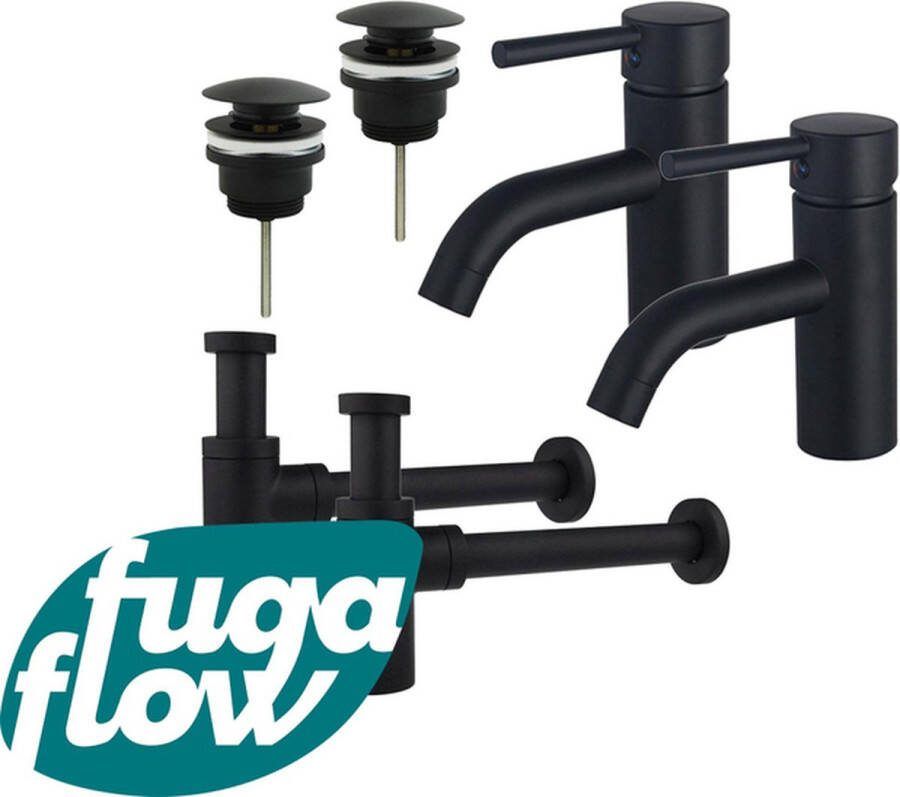 FugaFlow Eccelente Sobrado Badkamer Wastafelkraanset voor dubbele wastafel lage wastafelkraan klikwaste plug design sifon Mat zwart