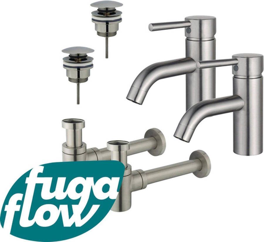 FugaFlow Eccelente Sobrado Badkamer Wastafelkraanset voor dubbele wastafel lage wastafelkraan klikwaste plug verlaagde design sifon PVD Geborsteld RVS