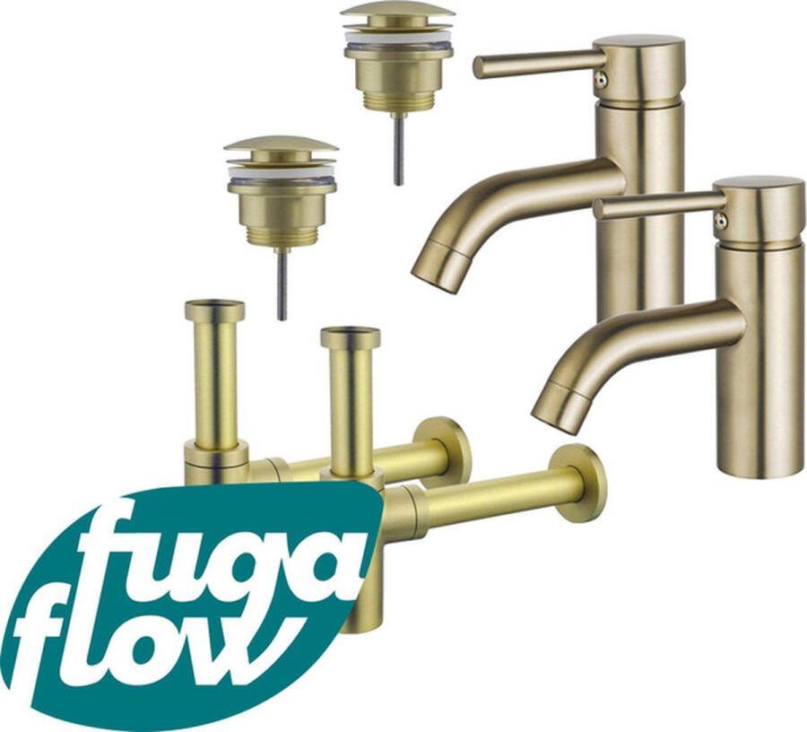 FugaFlow Eccelente Sobrado Badkamer Wastafelkraanset voor dubbele wastafel lage wastafelkraan klikwaste plug design sifon PVD Geborsteld Messing