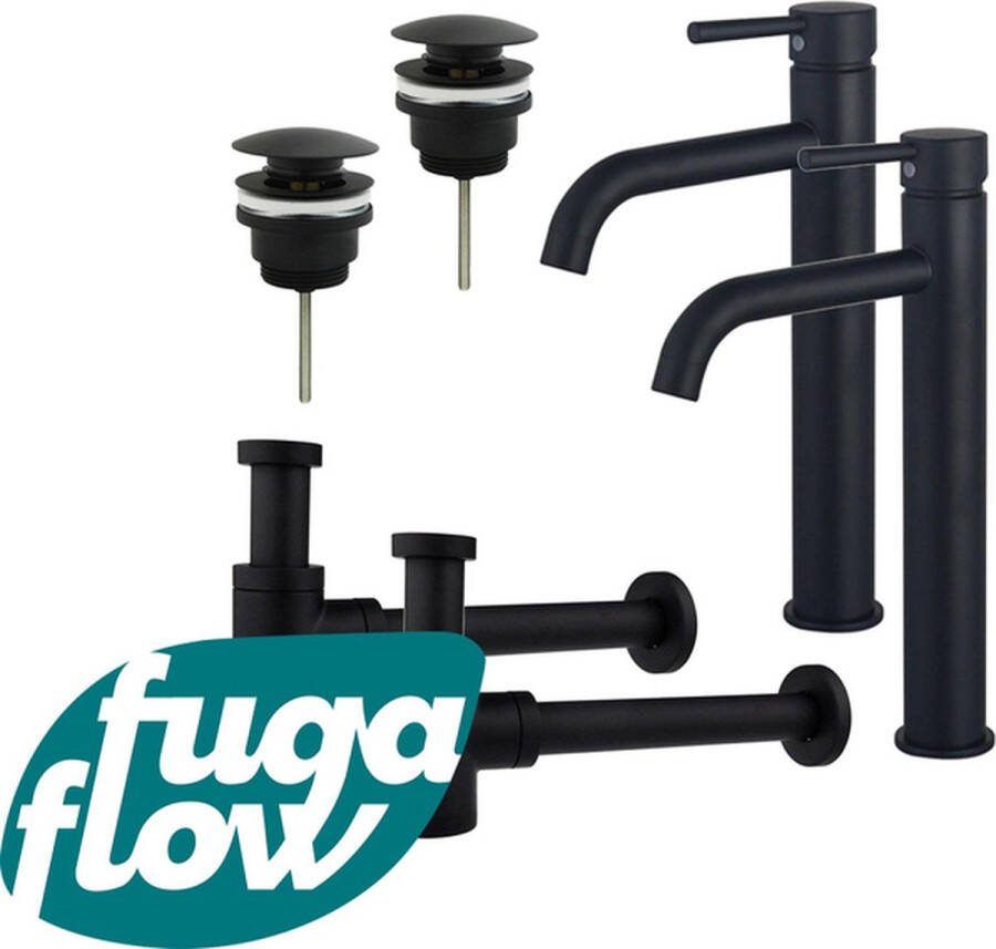 FugaFlow Eccelente Sobrado Badkamer Wastafelkraanset voor dubbele wastafel verhoogde wastafelkraan klikwaste plug verlaagde design sifon Mat zwart